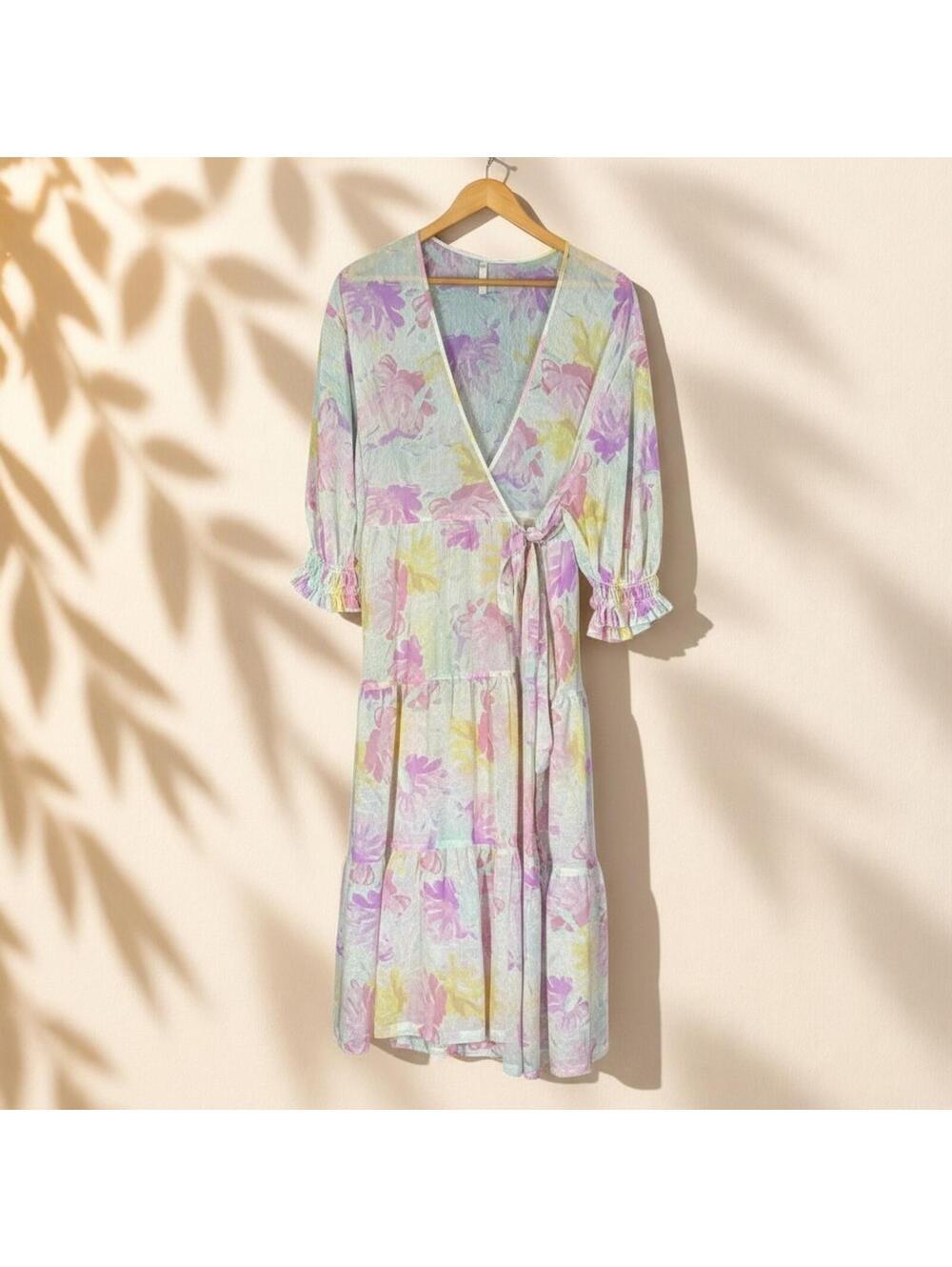 Urban Outfitters Wrap Dress Women L Large White Floral Midi V-Neck Tie Tasseled